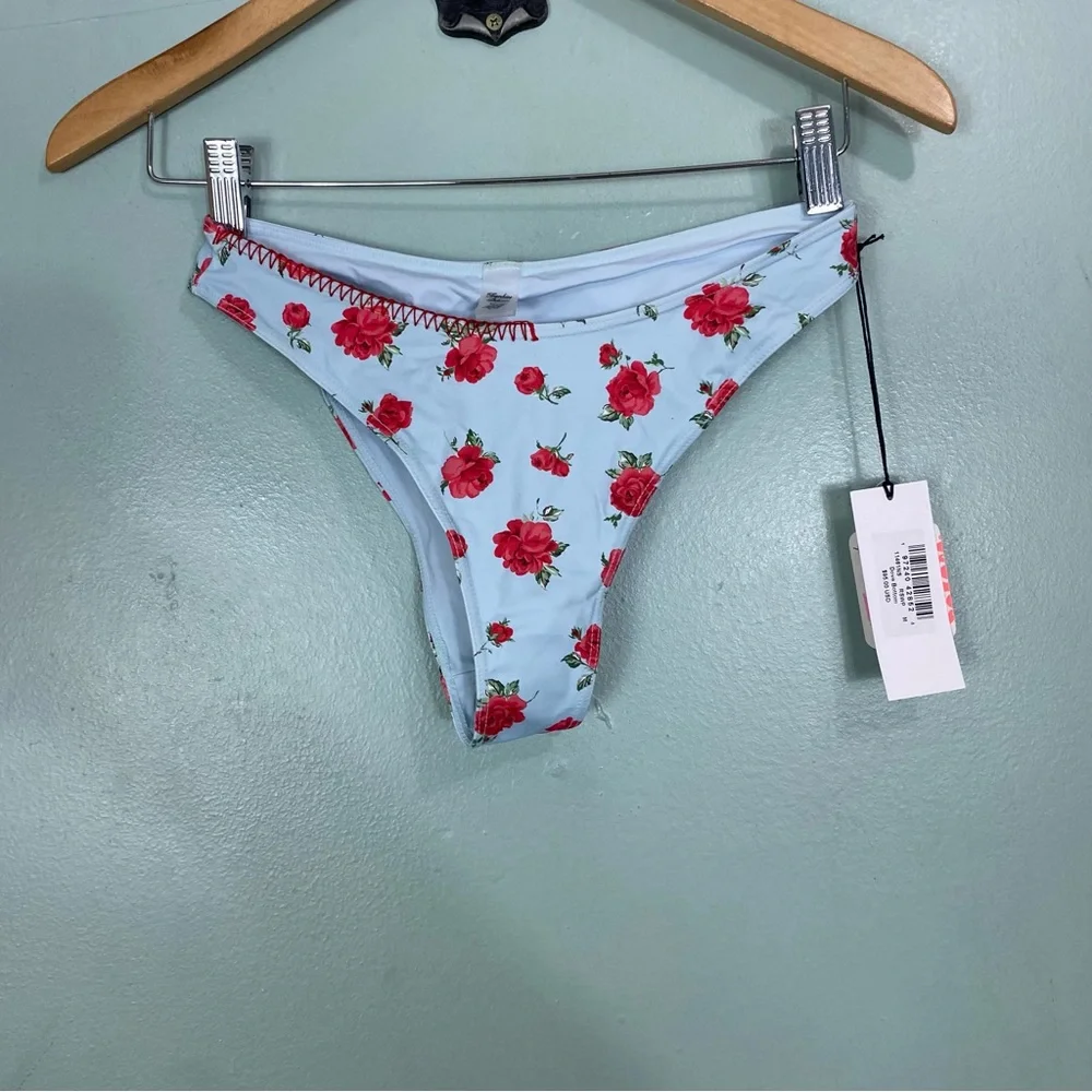 Frankie’s Bikinis Dove Bottom Bikini Rosewater Print Sky Blue Rose‎ Red Medium